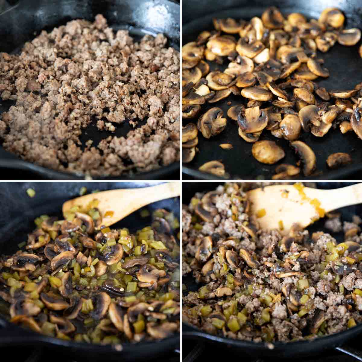 cooking sausage, mushrooms and green chiles