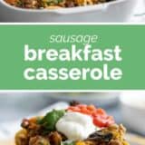 Sausage Breakfast Casserole with text in the center