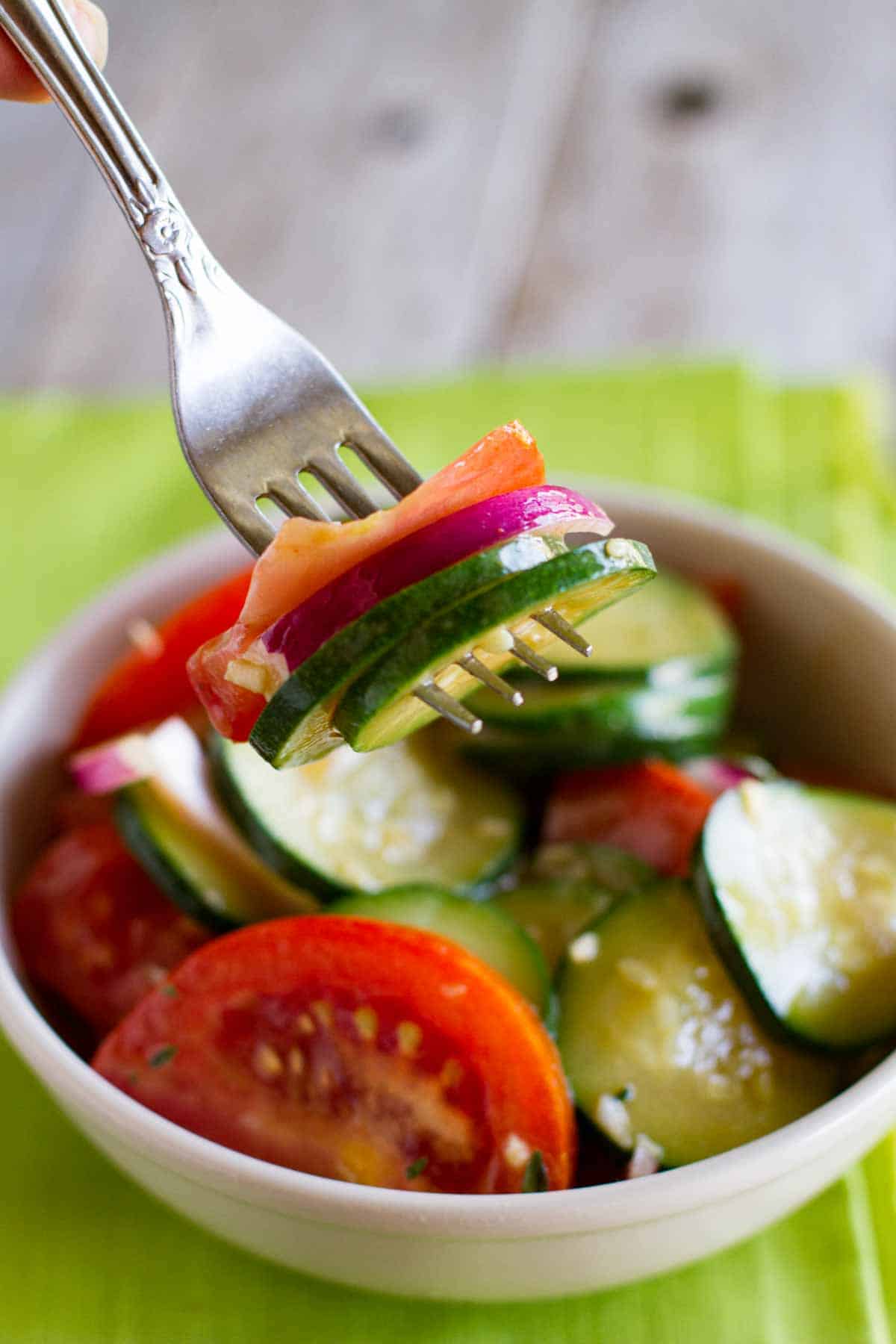 zucchini salad on a fork