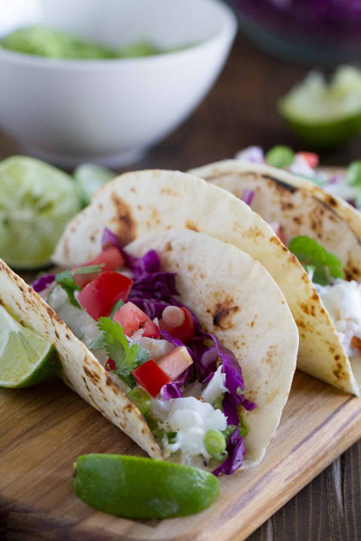 Baja Fish Taco with toppings on a flour tortilla