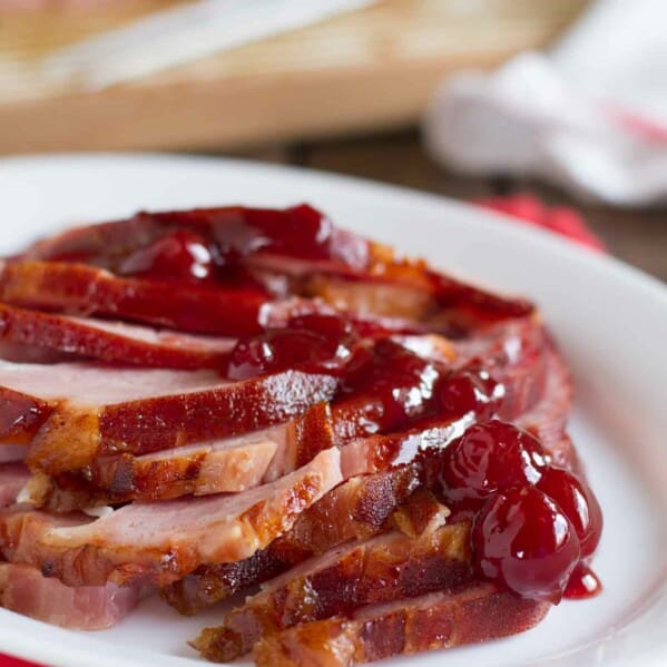 Brown Sugar and Cherry Glazed Ham on a serving platter