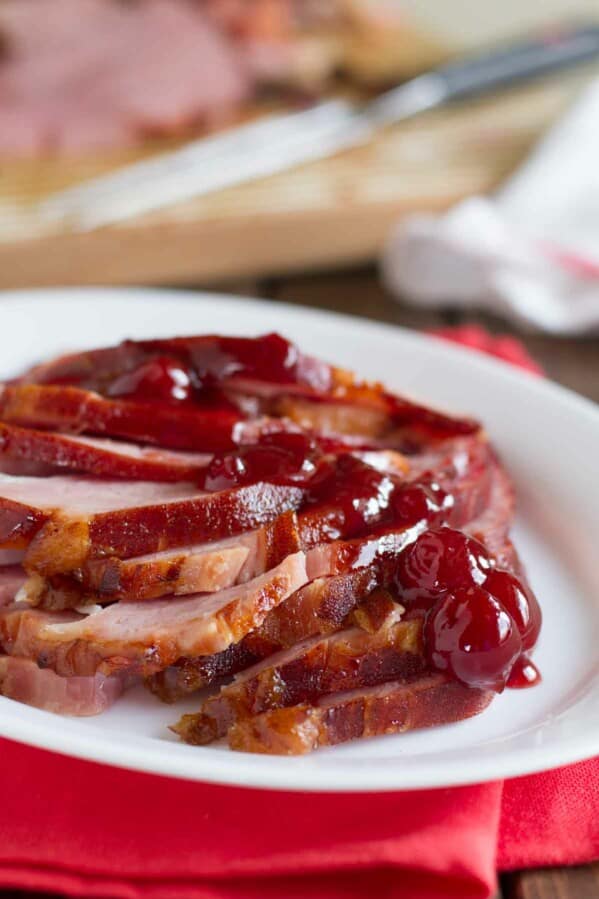 Brown Sugar and Cherry Glazed Ham on a serving platter