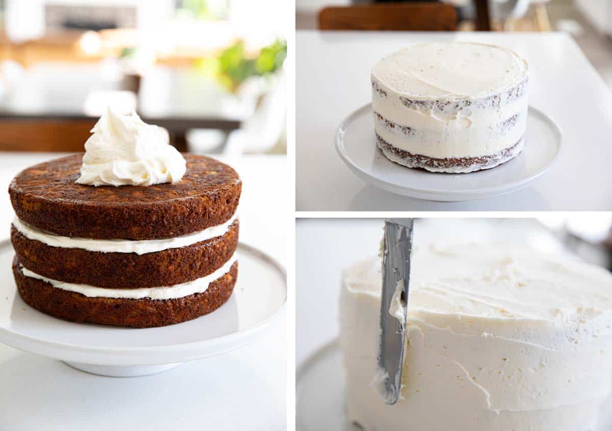 frosting a carrot cake with cream cheese frosting