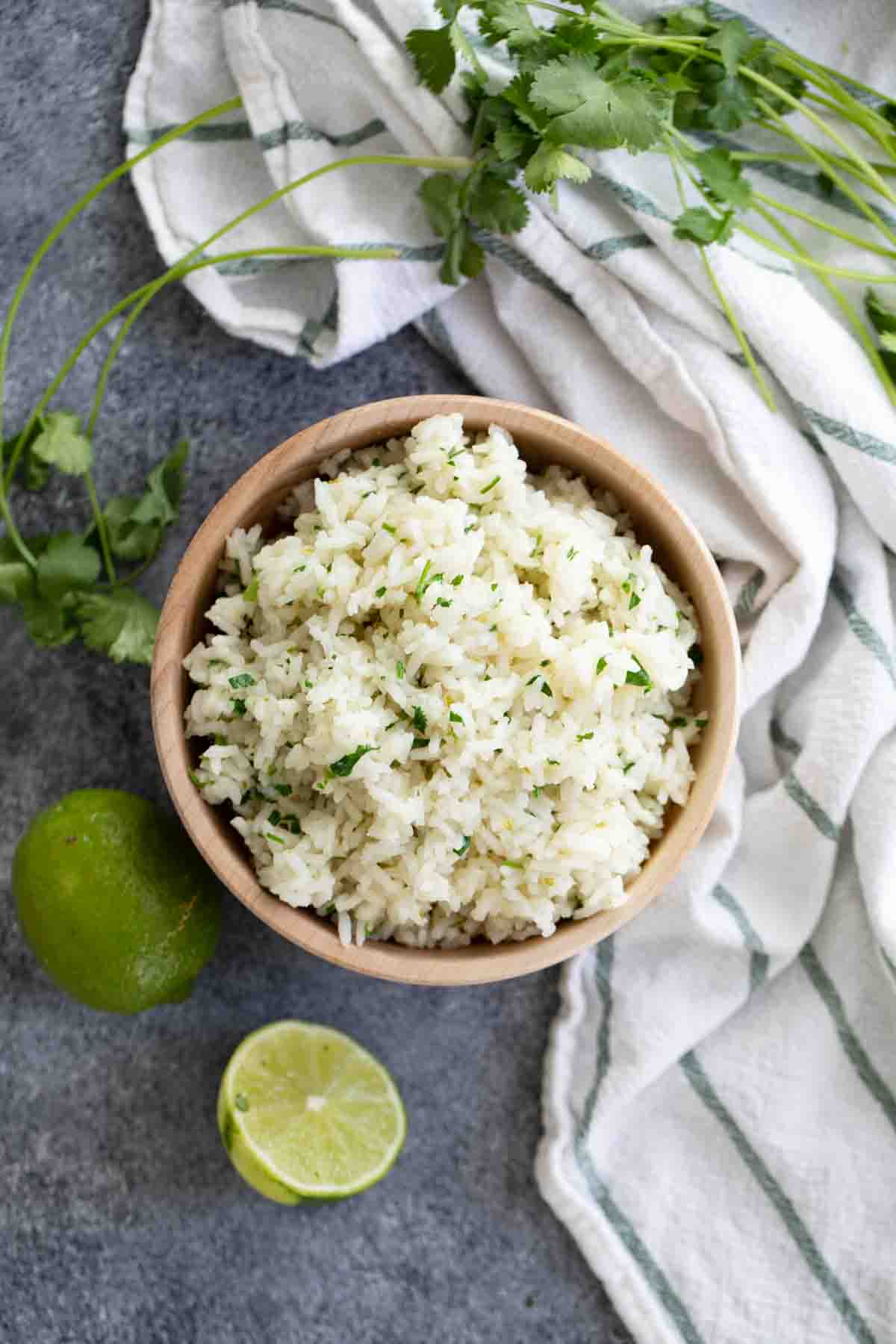 overhead view of wooden bowl with cilantro lime rice