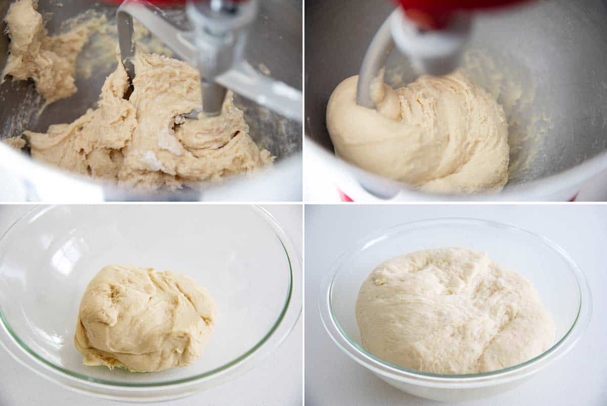 mixing cinnamon roll dough and letting it rise