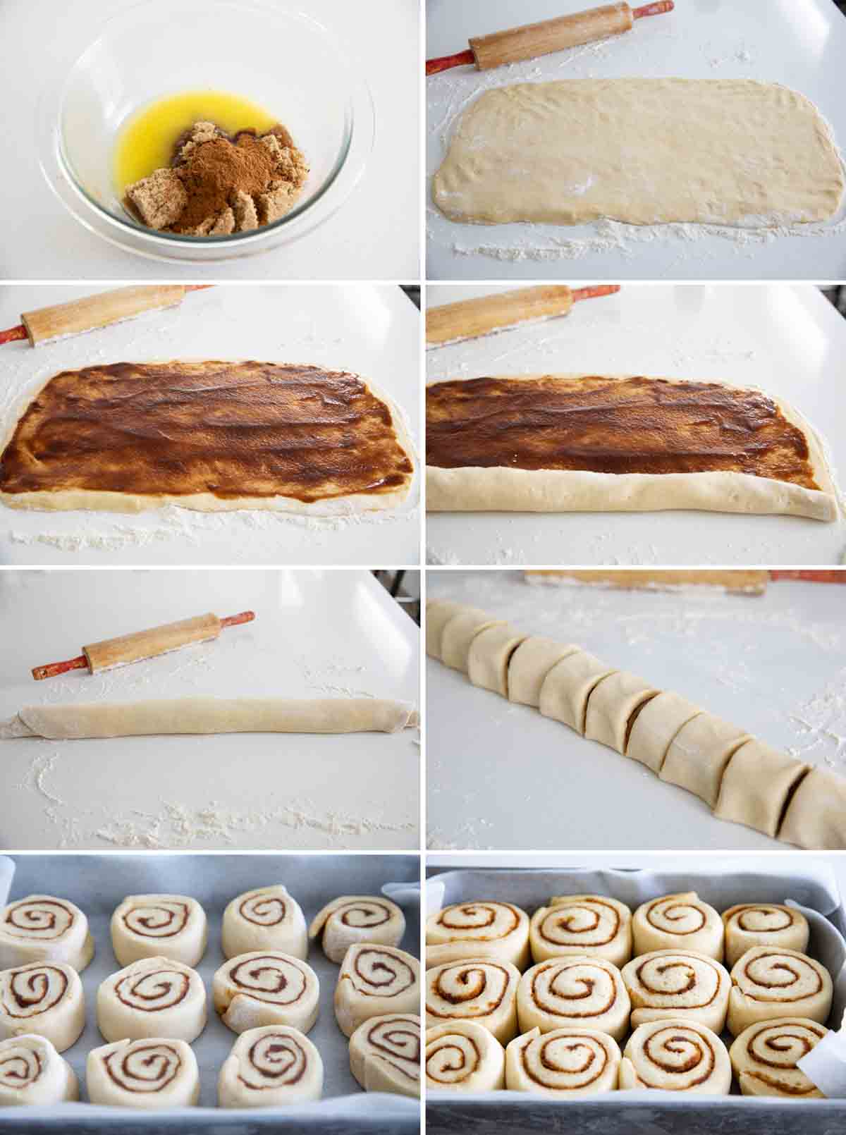 rolling out dough and filling with cinnamon