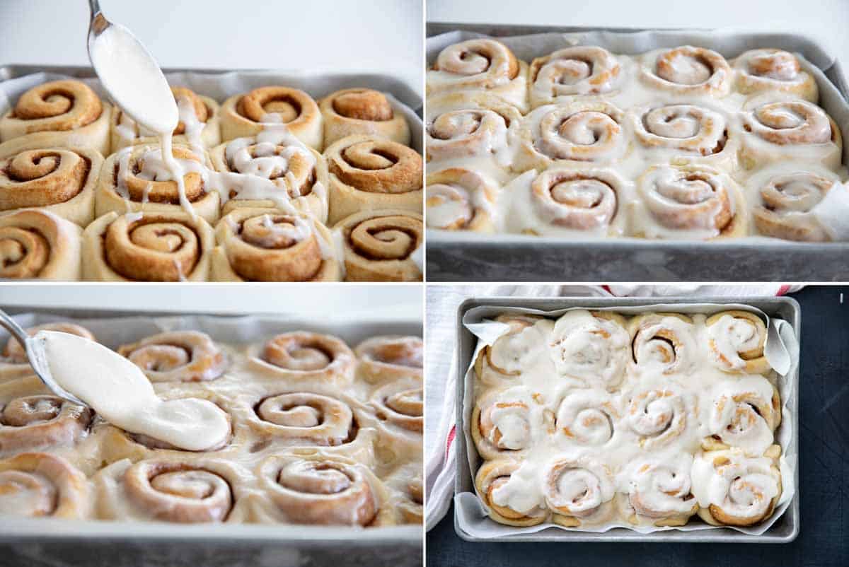 spreading icing on cinnamon rolls