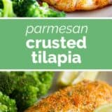 Parmesan Crusted Tilapia with text in the center