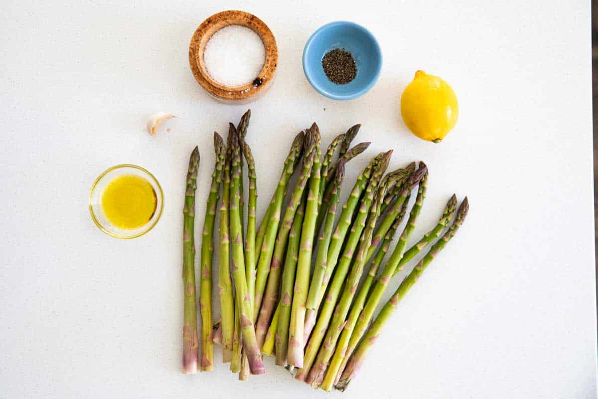 flat lay of ingredients needed for roasted asparagus