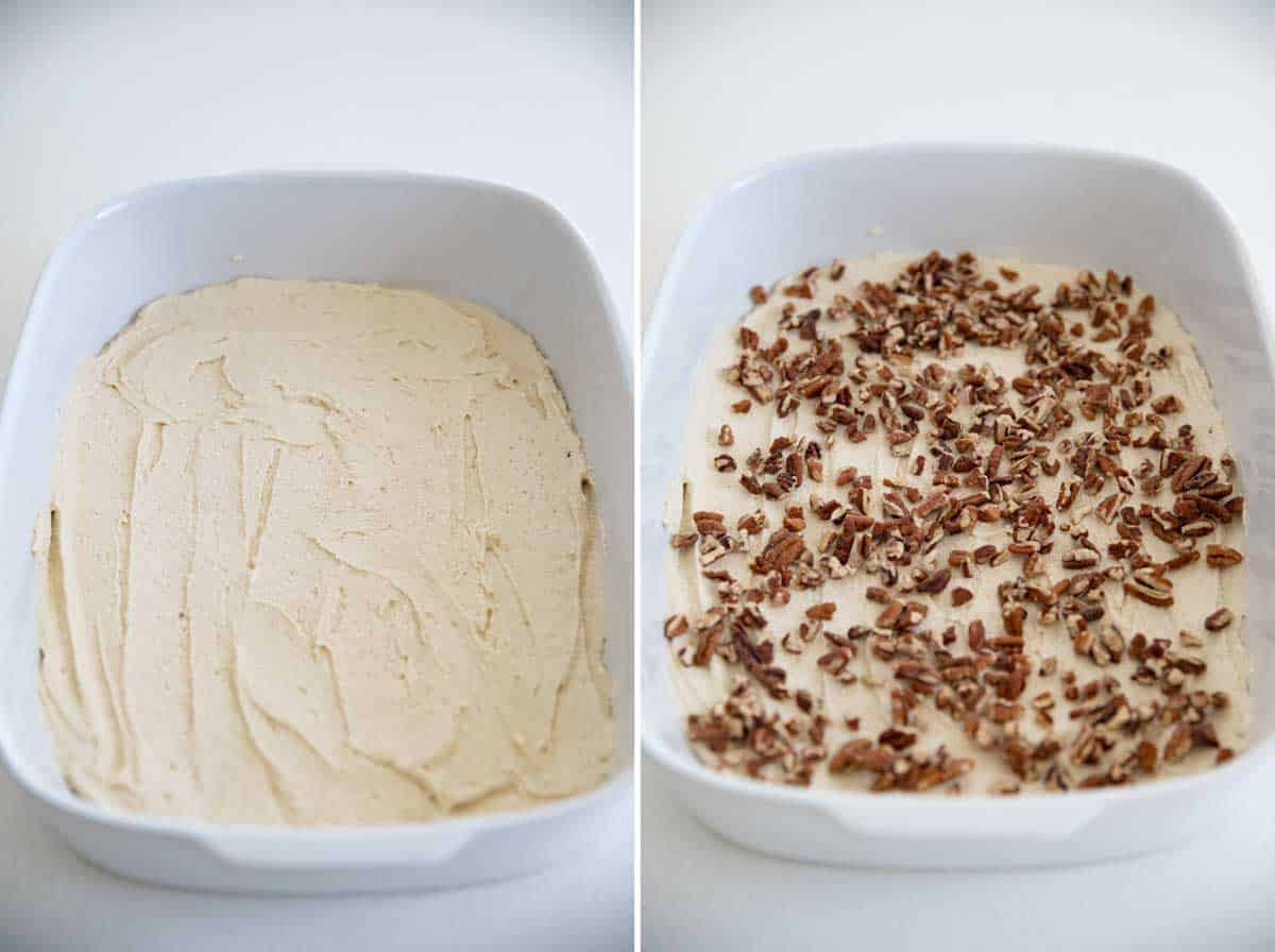 spreading the caramel into a baking dish and topping with pecans