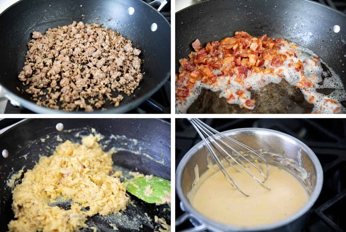 making the toppings for breakfast pizza