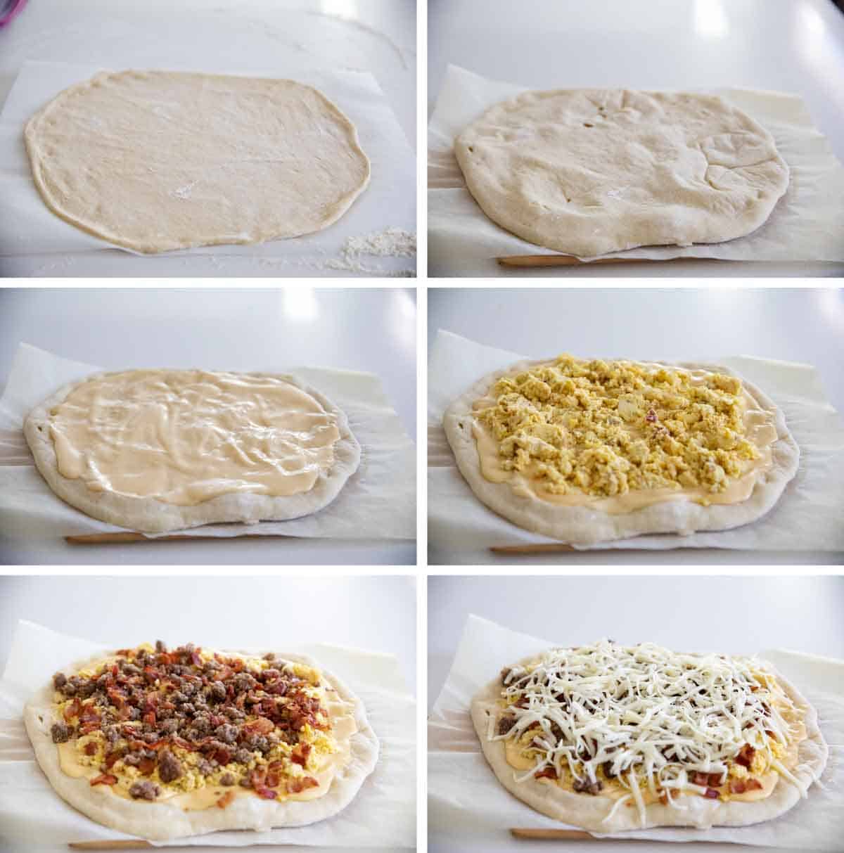 Steps for topping pizza dough for breakfast pizza