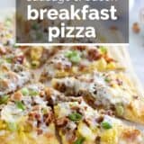 breakfast pizza with text overlay