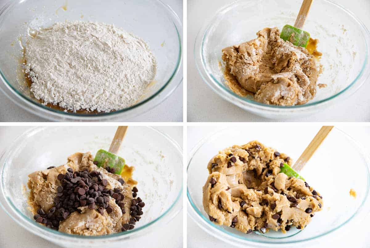 These Chocolate Chip Cookie Bars are soft, moist and addictive. Made with oil instead of butter, they stay nice and tender. making the dough for cookie bars