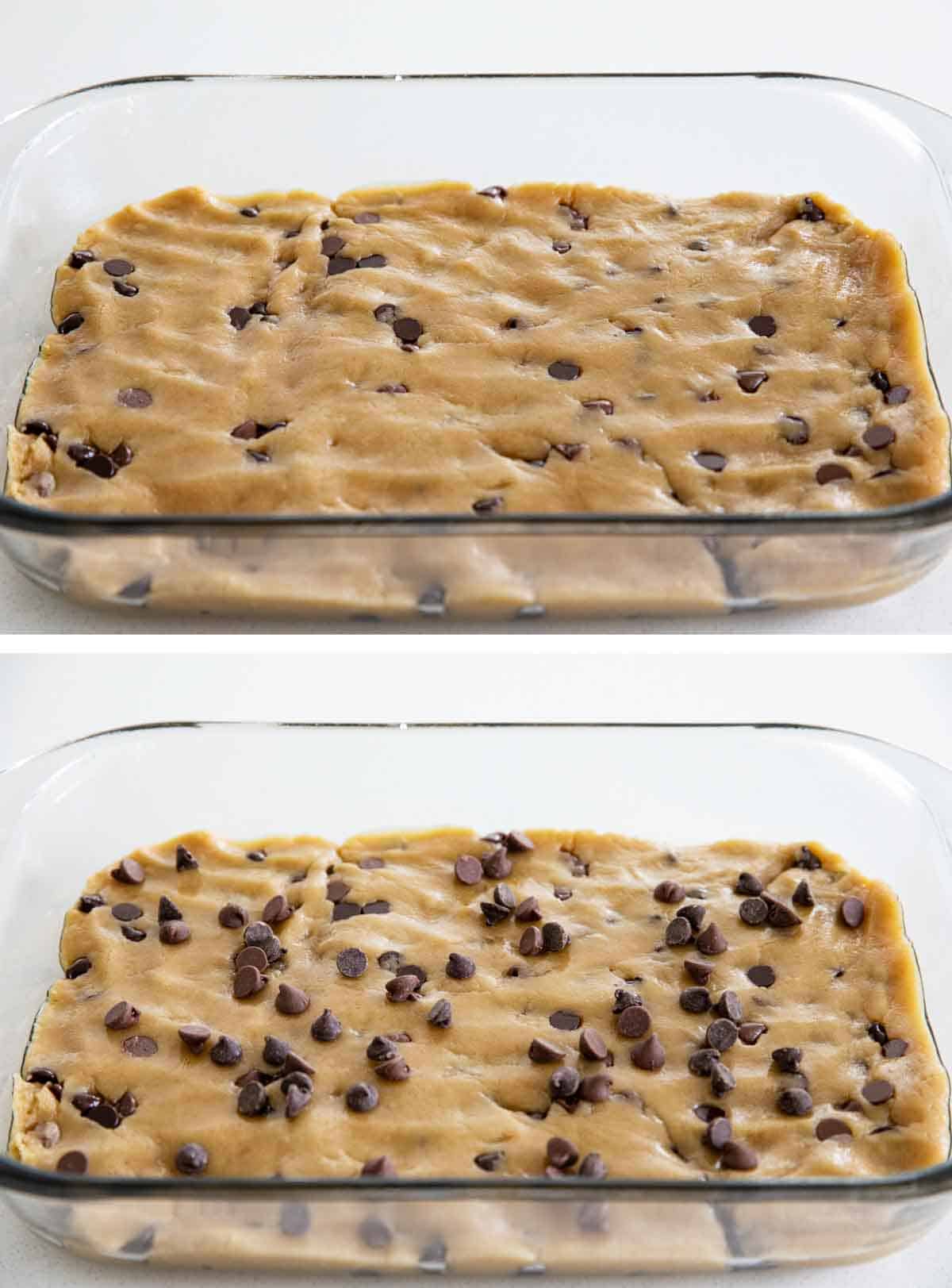 These Chocolate Chip Cookie Bars are soft, moist and addictive. Made with oil instead of butter, they stay nice and tender. pressing cookie dough into a baking dish