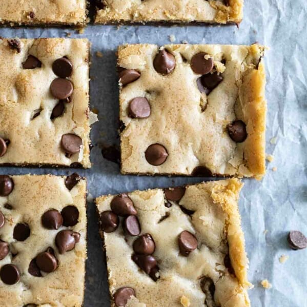 overhead view of chocolate chip cookie bars