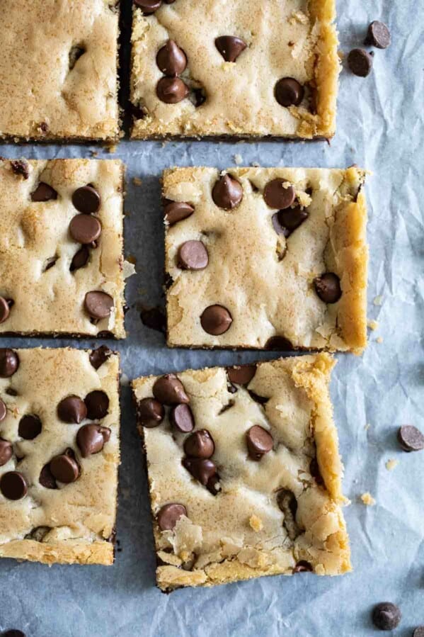 overhead view of chocolate chip cookie bars