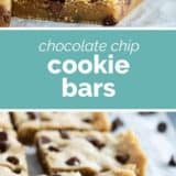 chocolate chip cookie bars with text in the center