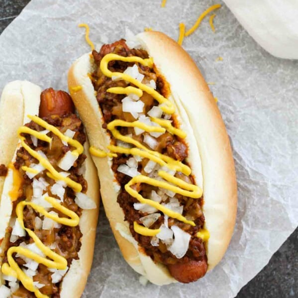 overhead view of coney dogs on parchment paper