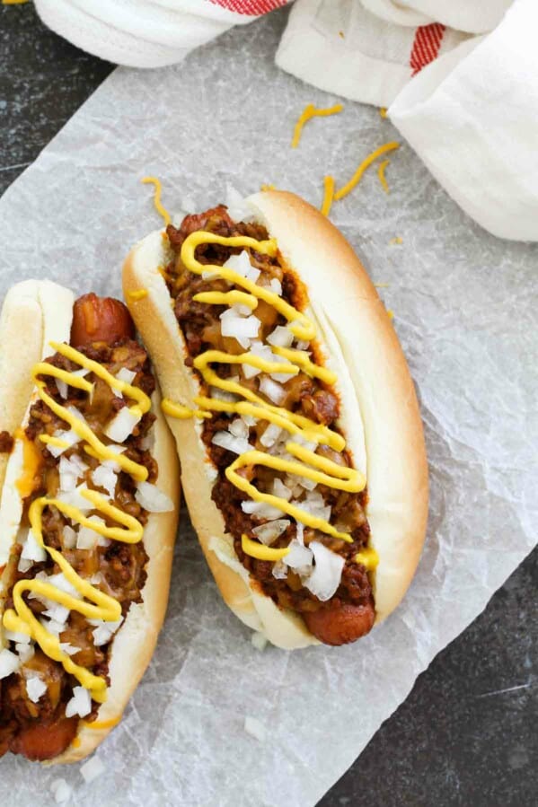 overhead view of coney dogs on parchment paper