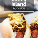 Coney Island Hot Dogs with text overlay