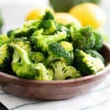 lemon broccoli in a wooden bowl