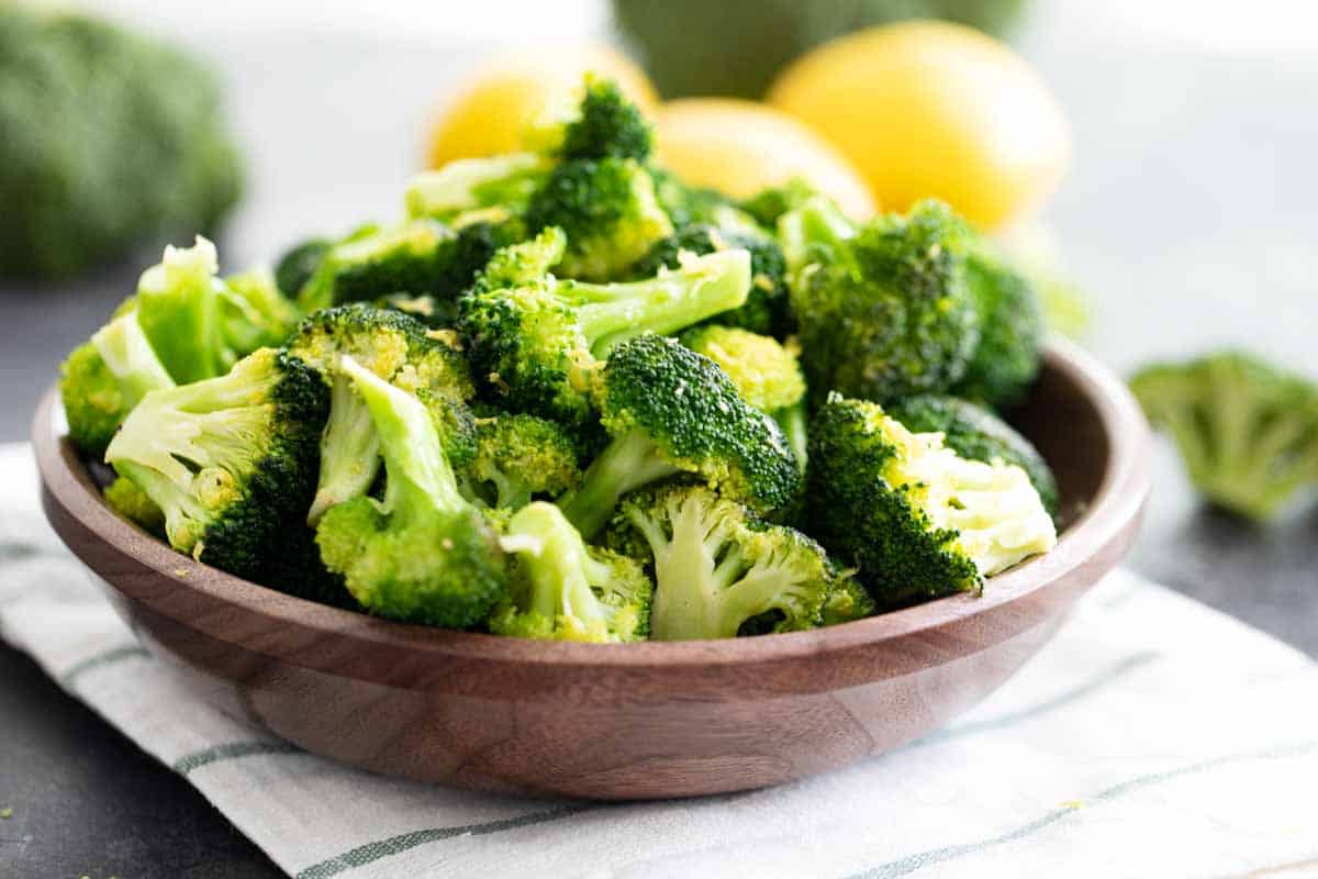 lemon broccoli in a wooden bowl