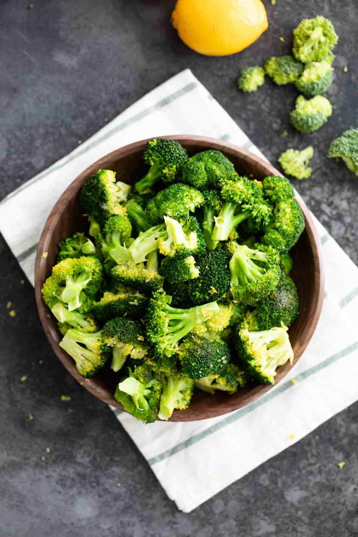 overhead view of lemon broccoli in a bowl