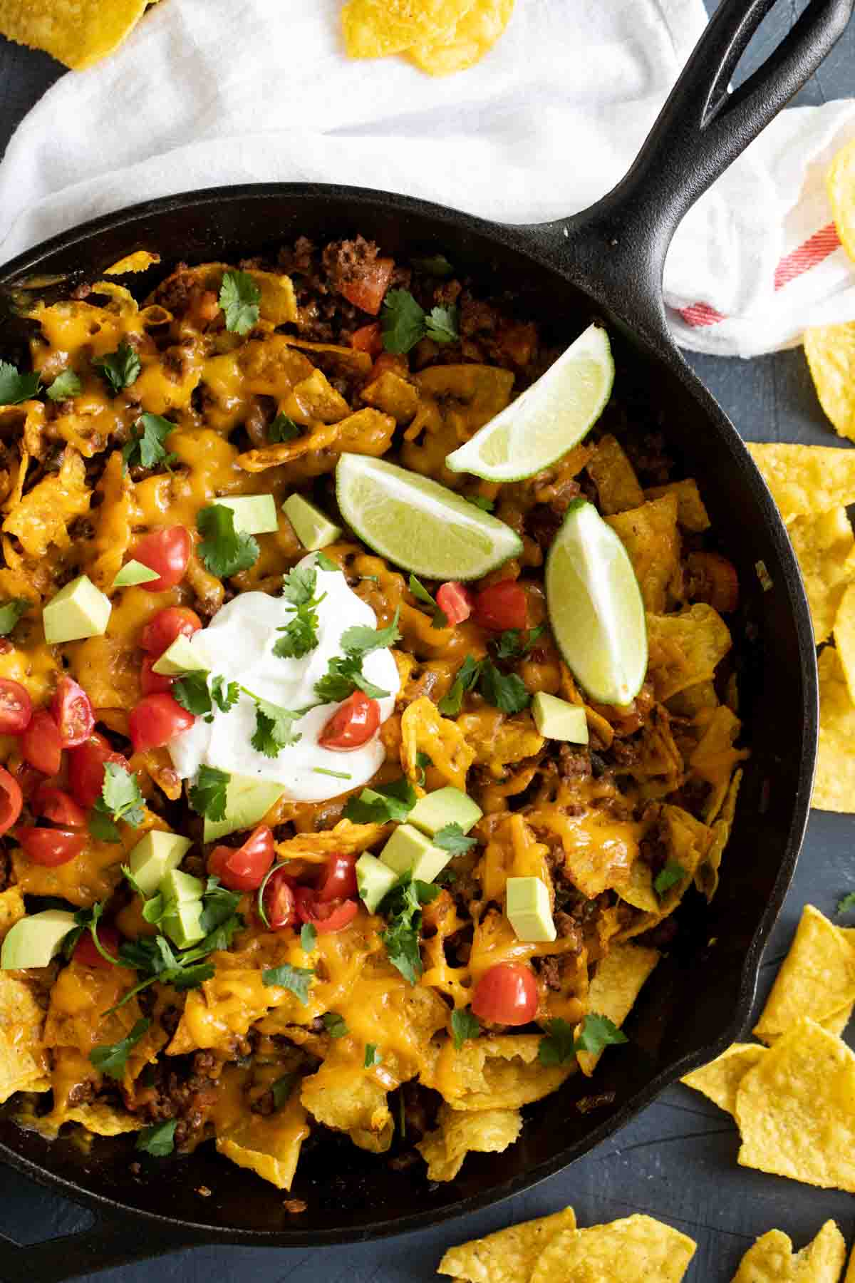 overhead view of taco skillet with tortilla chips