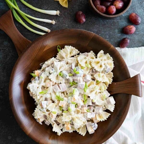 overhead view of bow tie pasta salad