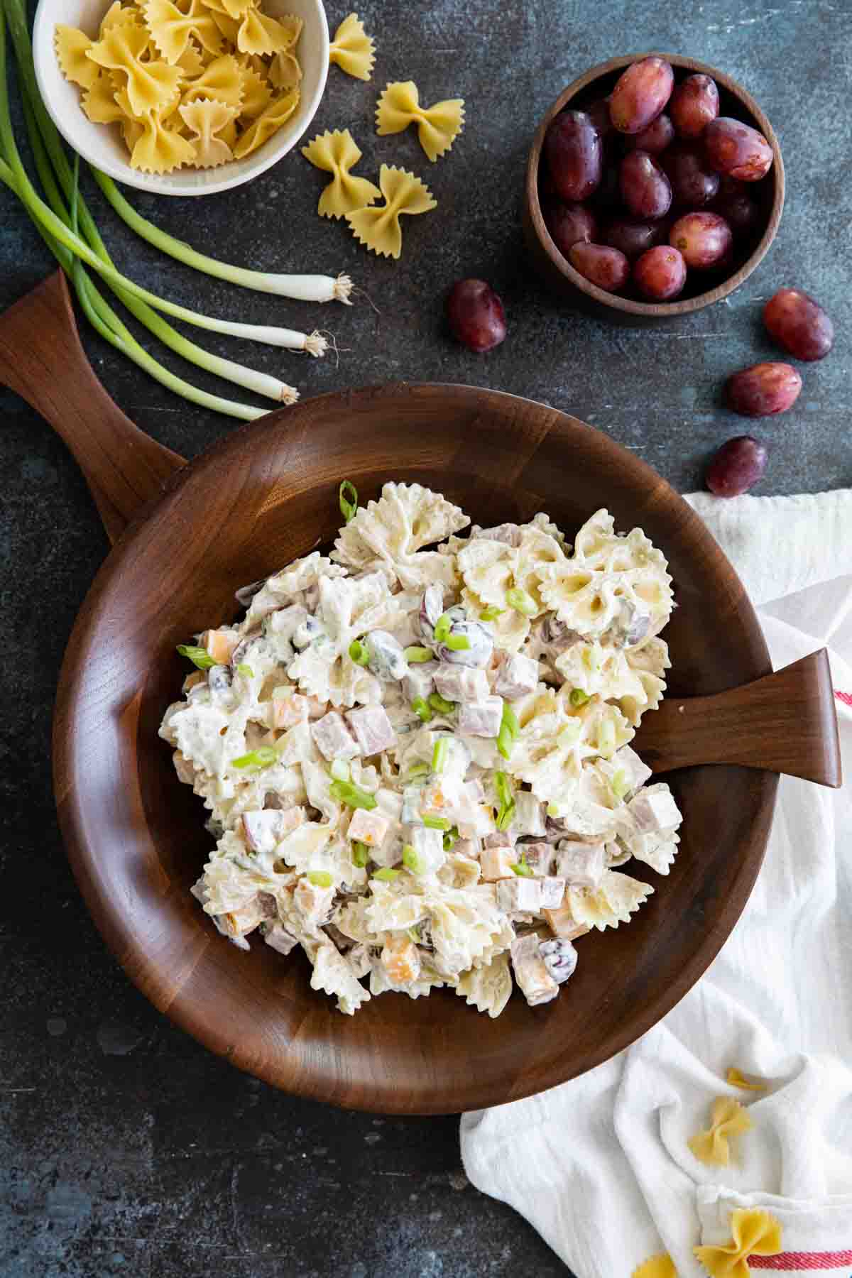 overhead view of bow tie pasta salad