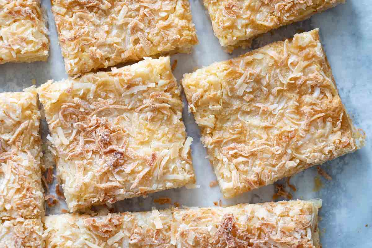 overhead view of sliced coconut bars