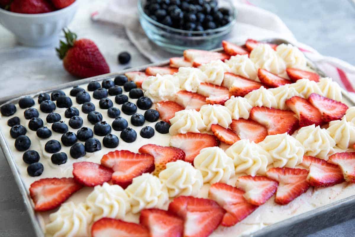 American Flag Cake with strawberries and blueberries