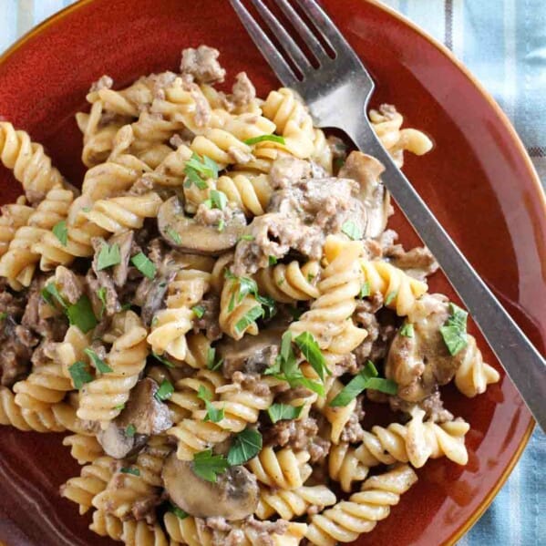 overhead view of ground beef stroganoff on a plate with a fork