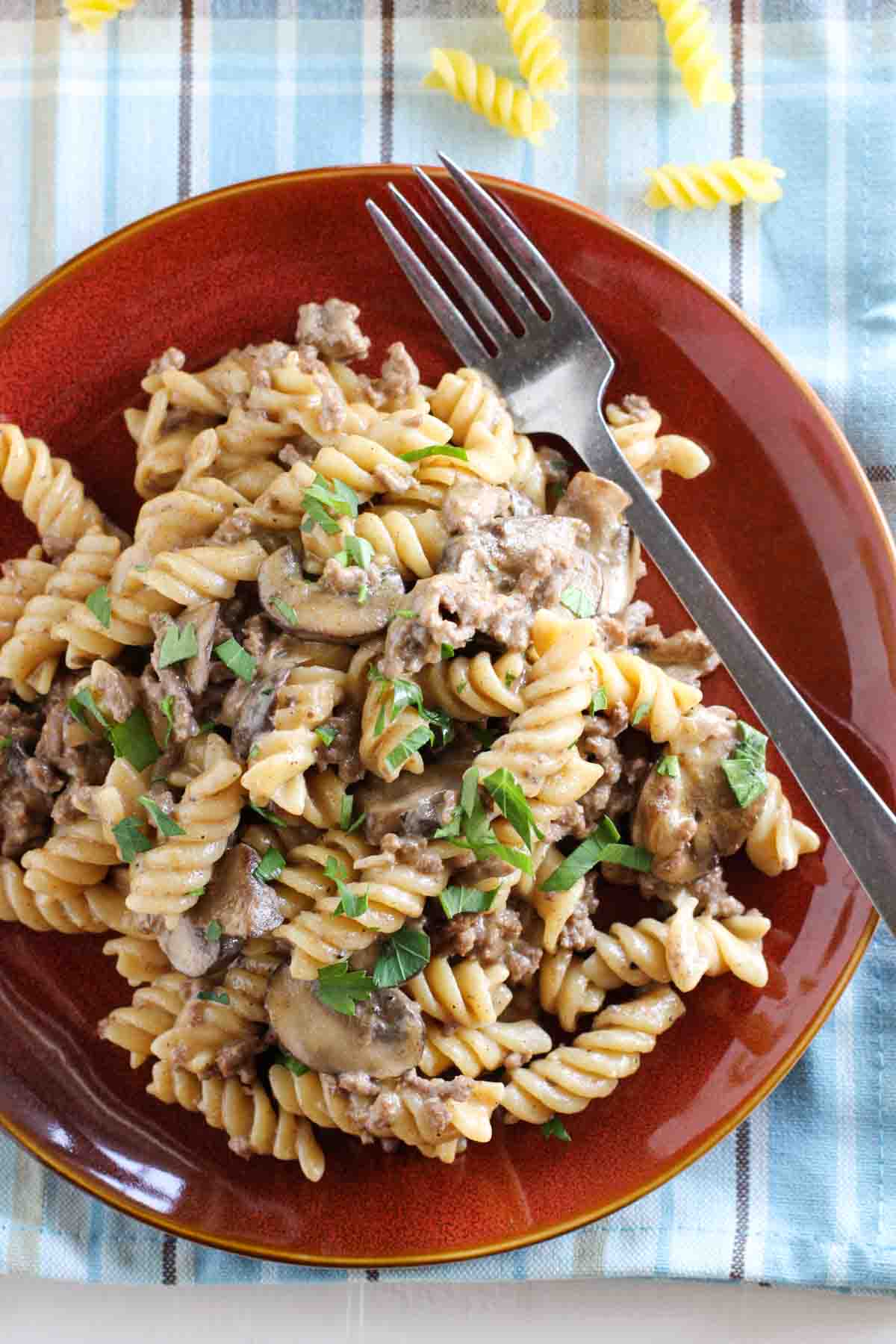 overhead view of ground beef stroganoff on a plate with a fork