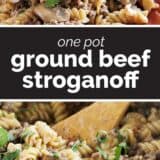 One Pot Ground Beef Stroganoff with text in the middle