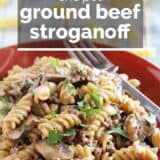 One Pot Ground Beef Stroganoff with text overlay