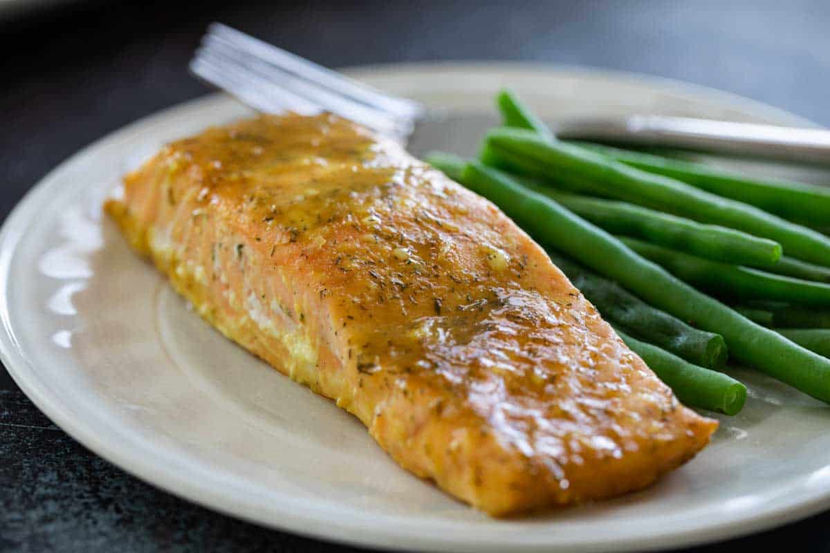 Honey Mustard Salmon Fillet on a plate with green beans
