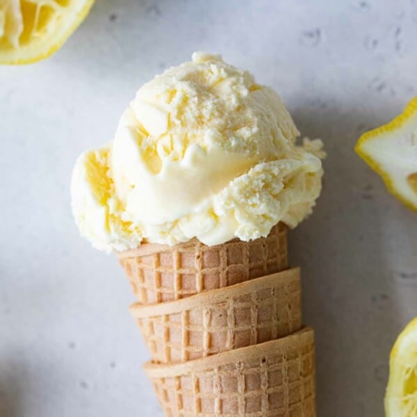 Lemon ice cream on a sugar cone
