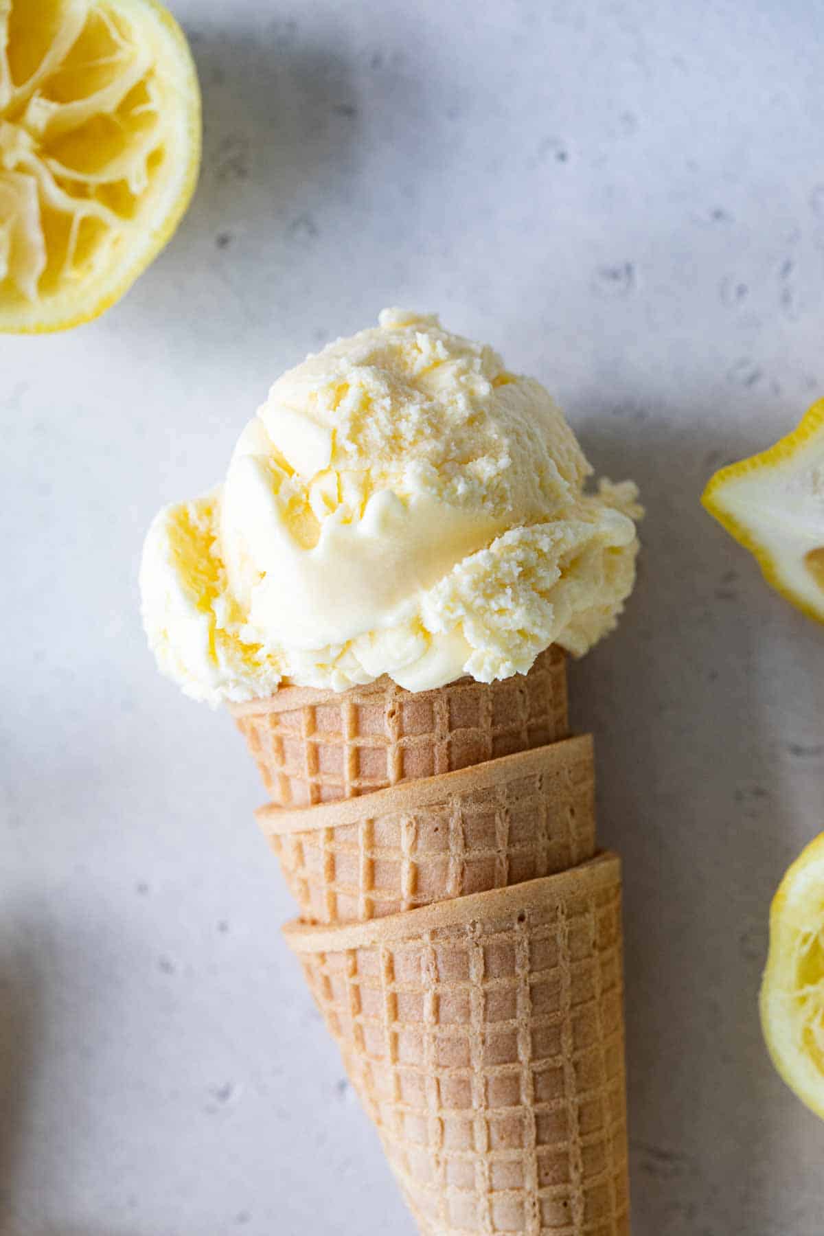 Lemon ice cream on a sugar cone