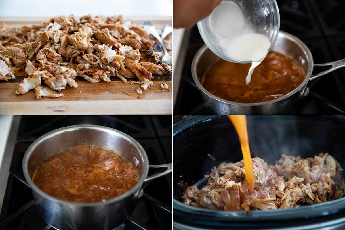 shredding chicken and cooking the sauce for slow cooker teriyaki chicken sandwiches