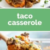 taco casserole with text in the center