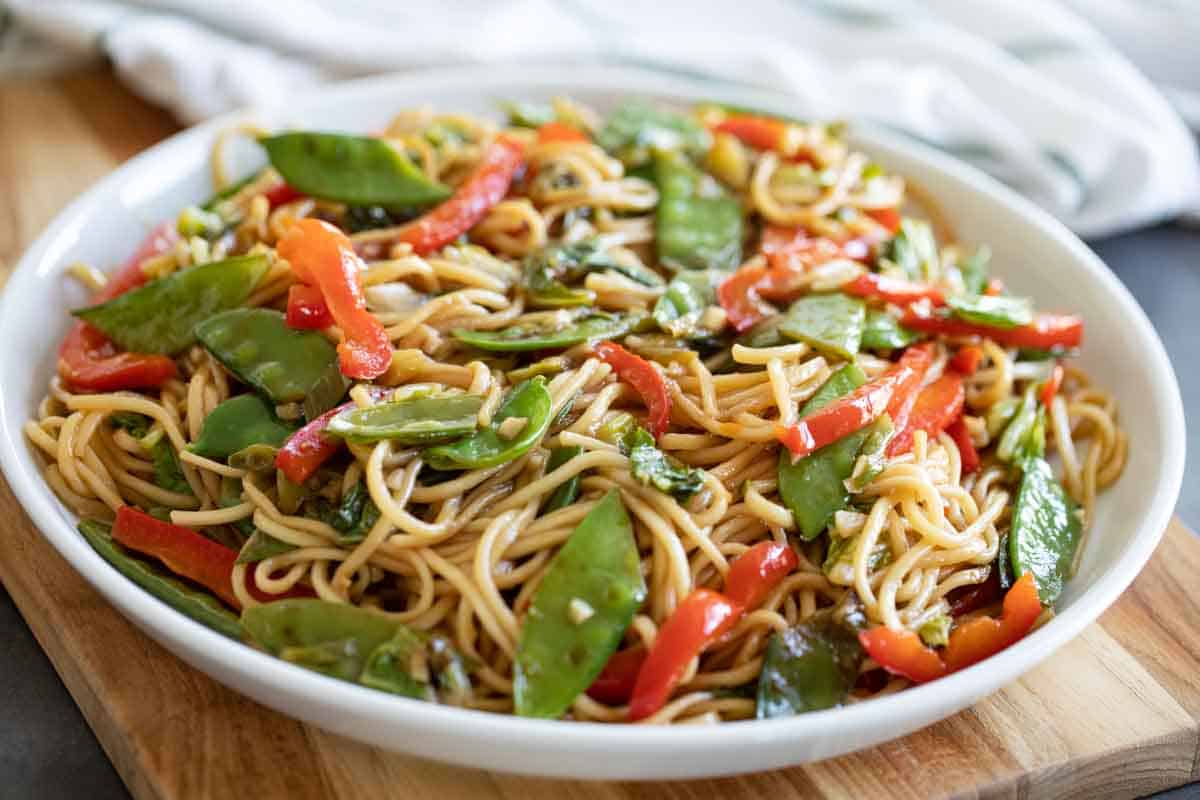 bowl full of lo mein noodles with vegetables