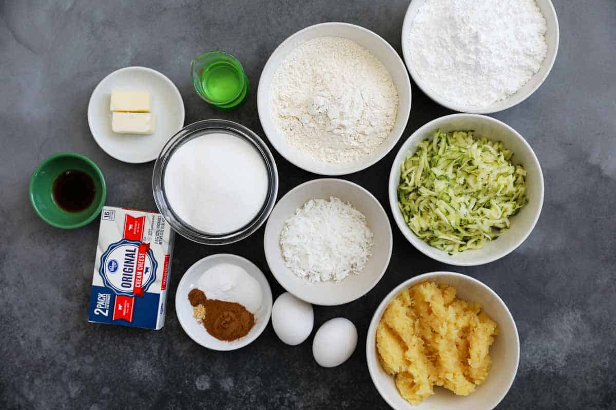 ingredients to make zucchini cake with cream cheese frosting