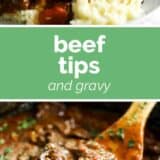 Beef Tips and Gravy with text in the middle