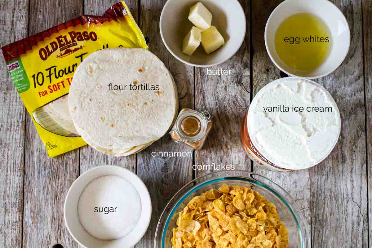 Finish off any Mexican-inspired meal with this Fried Ice Cream Recipe that is served in cinnamon and sugar coated tortilla bowls. Crunchy on the outside, creamy on the inside - this is a dessert you won’t be able to stop talking about. ingredients needed to make fried ice cream with cinnamon sugar tortilla bowls