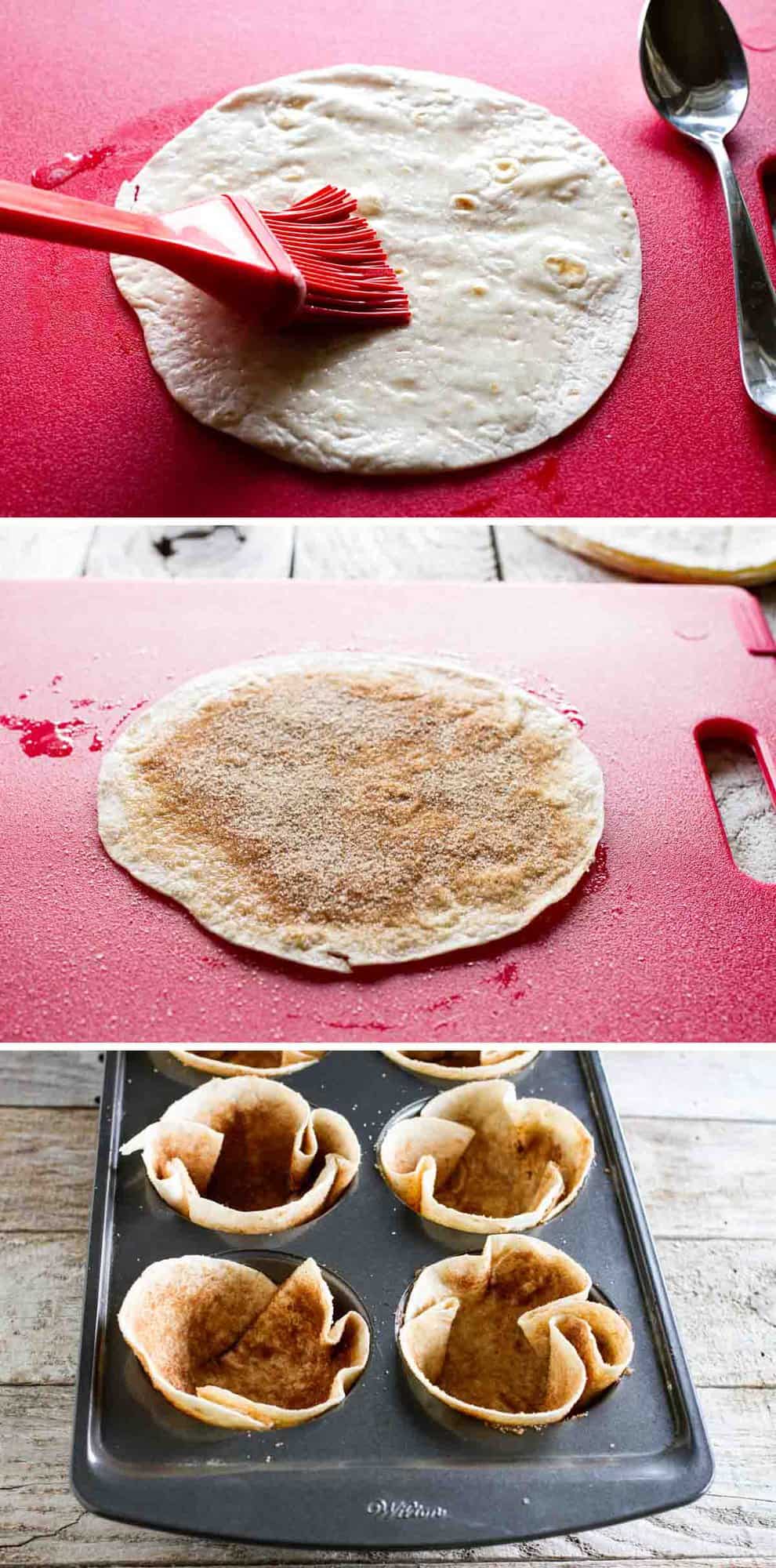 steps to make cinnamon sugar tortilla bowls