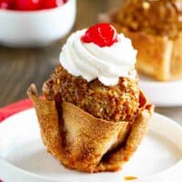 fried ice cream in a tortilla bowl sitting on a white plate