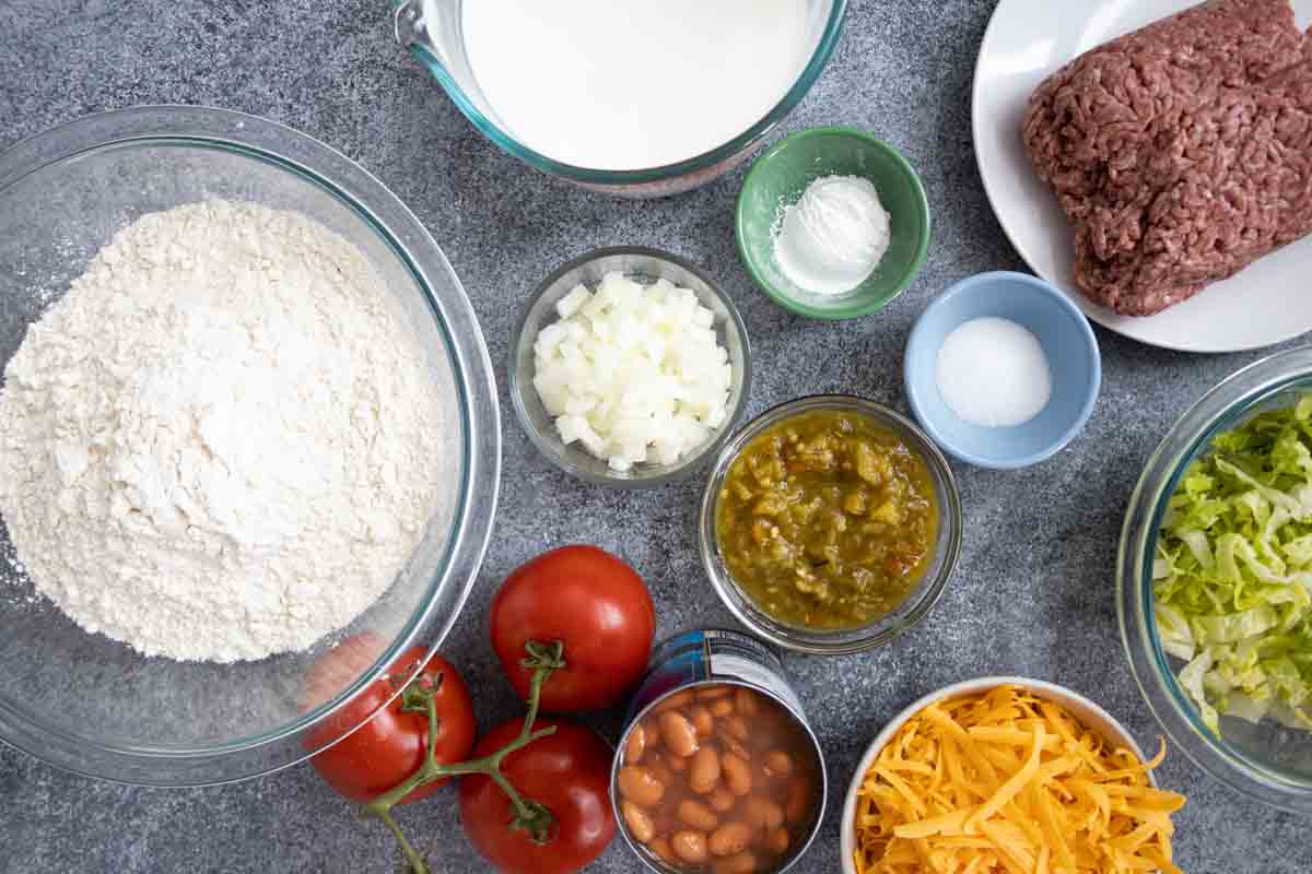 overhead view of ingredients needed to make navajo tacos