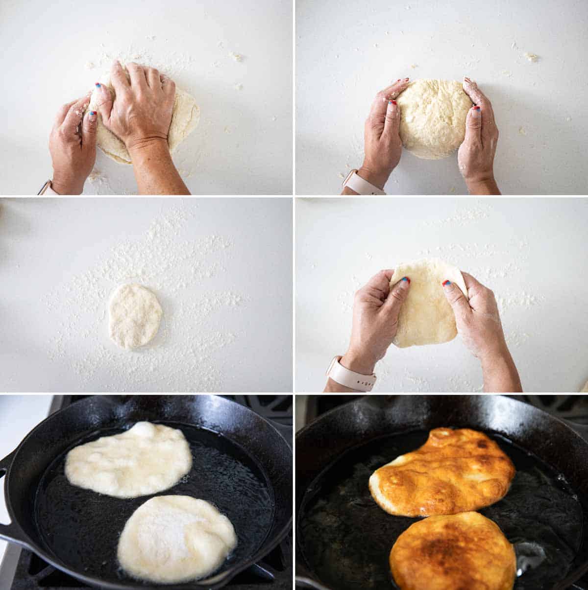 kneading and flattening dough to make fry bread